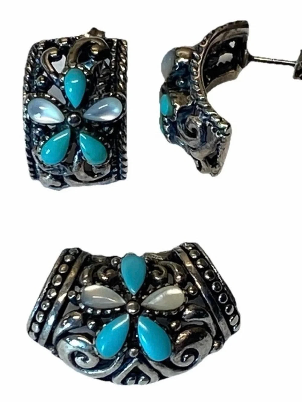 Vtg STH Sterling Silver Turquoise & Mother of Pearl Flower Slide Earrings Set